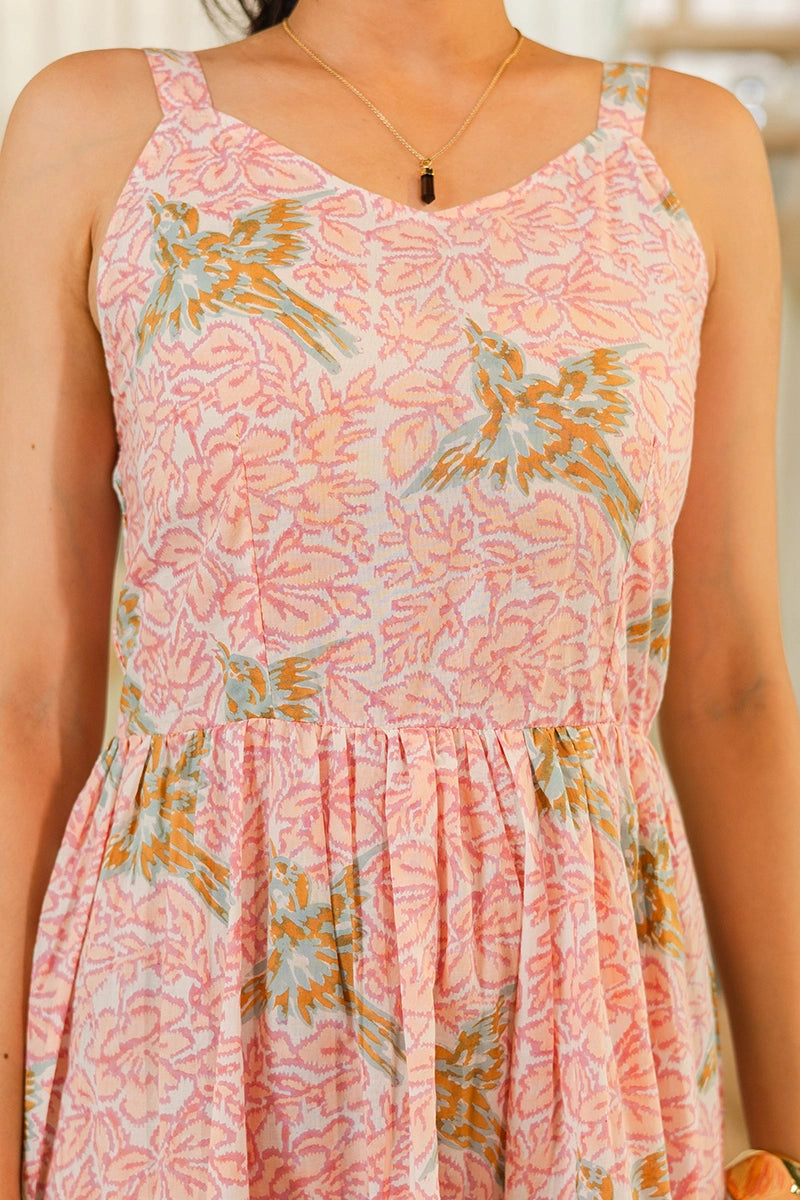 Blush Pink Sleeveless Maxi in Hand Block Bird Print