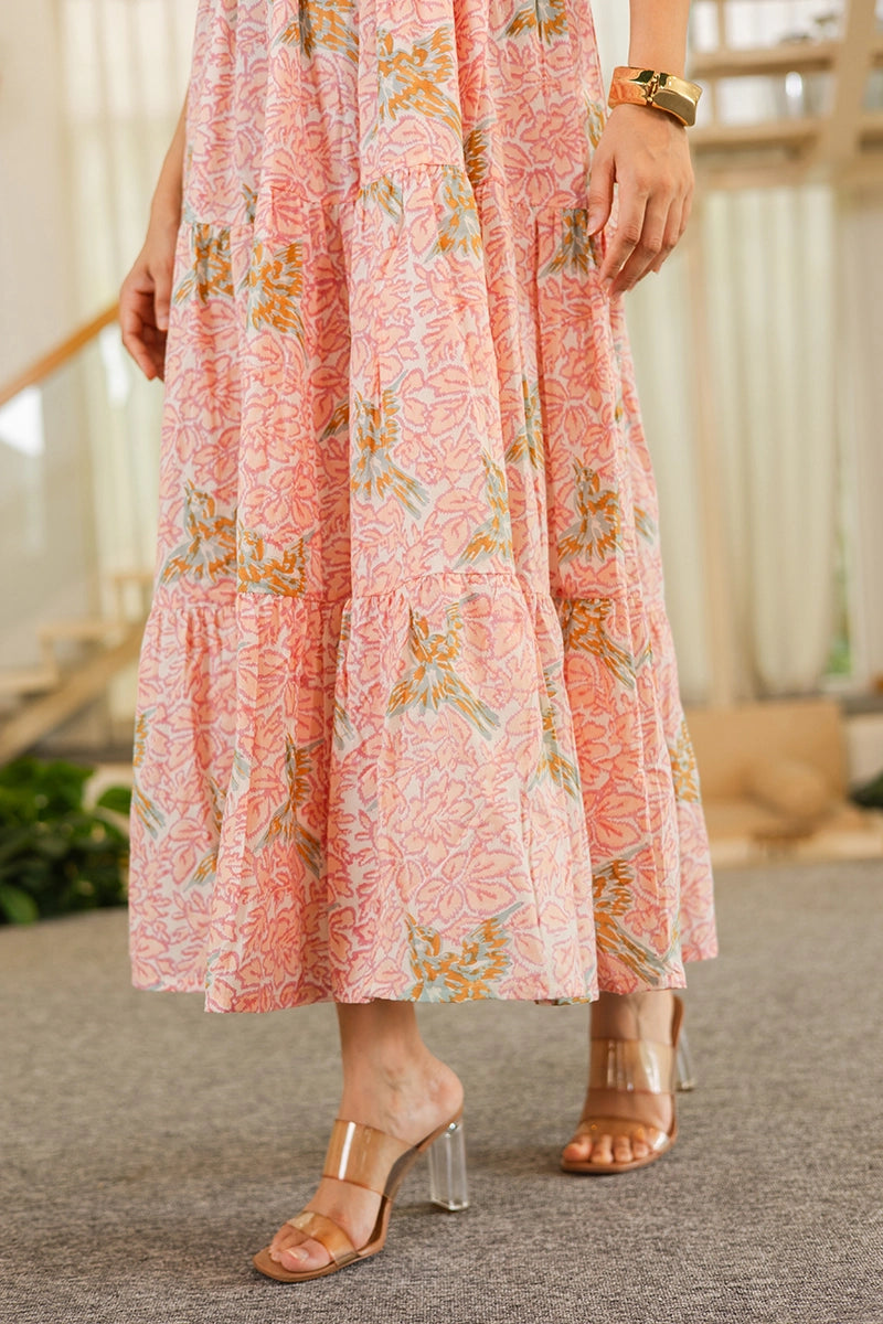 Blush Pink Sleeveless Maxi in Hand Block Bird Print