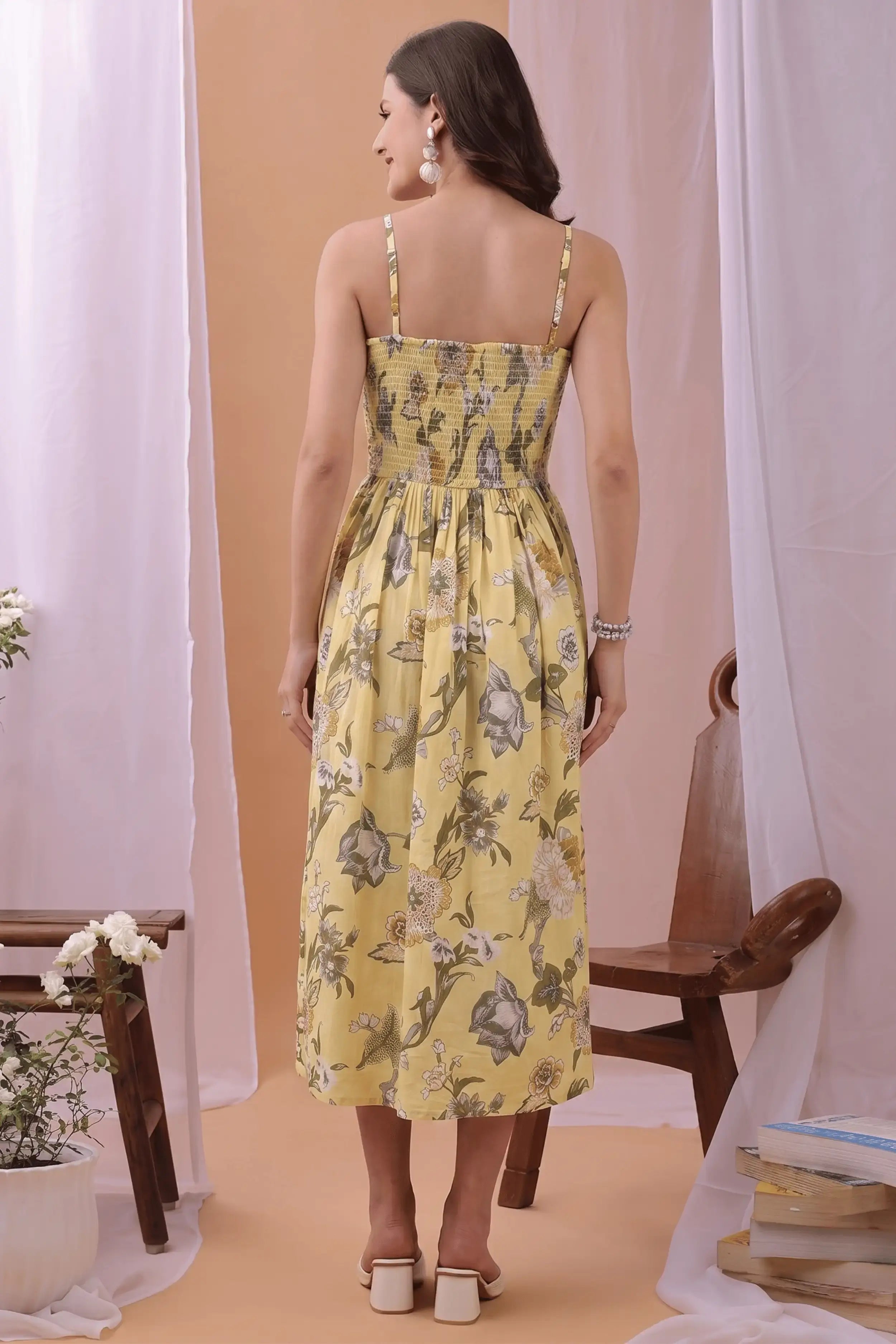 Yellow Square Neck Hand Printed Spaghetti Midi Dress