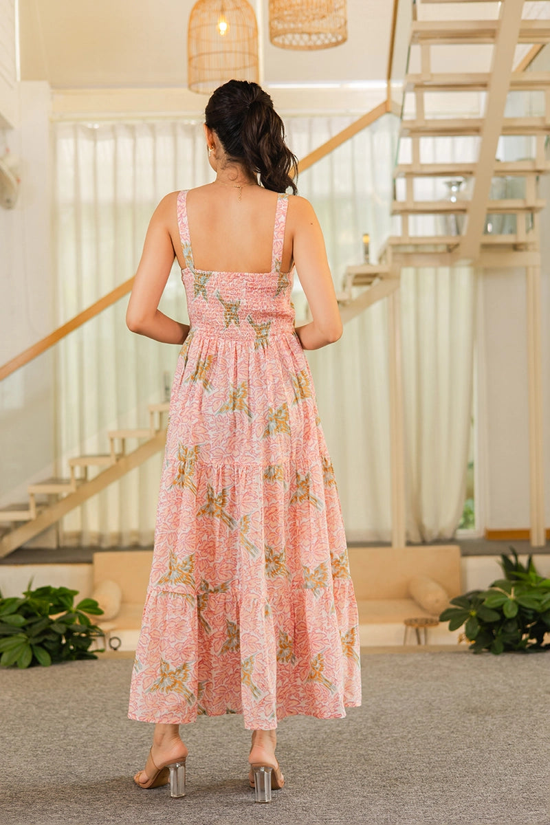 Blush Pink Sleeveless Maxi in Hand Block Bird Print