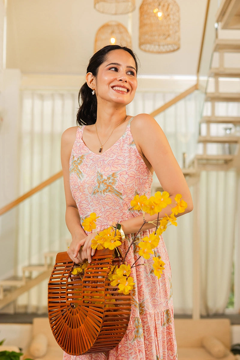 Blush Pink Sleeveless Maxi in Hand Block Bird Print