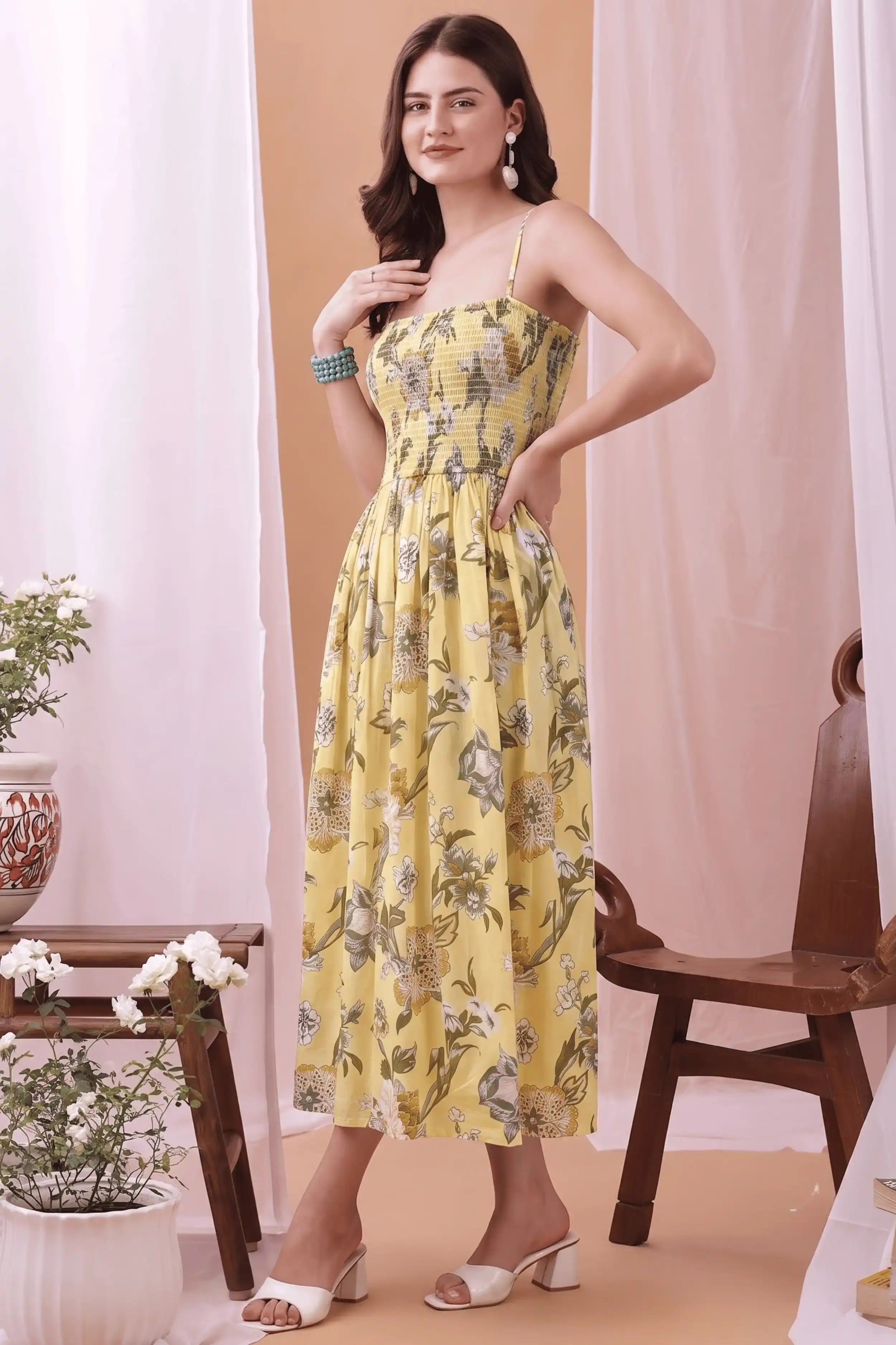 Yellow Square Neck Hand Printed Spaghetti Midi Dress
