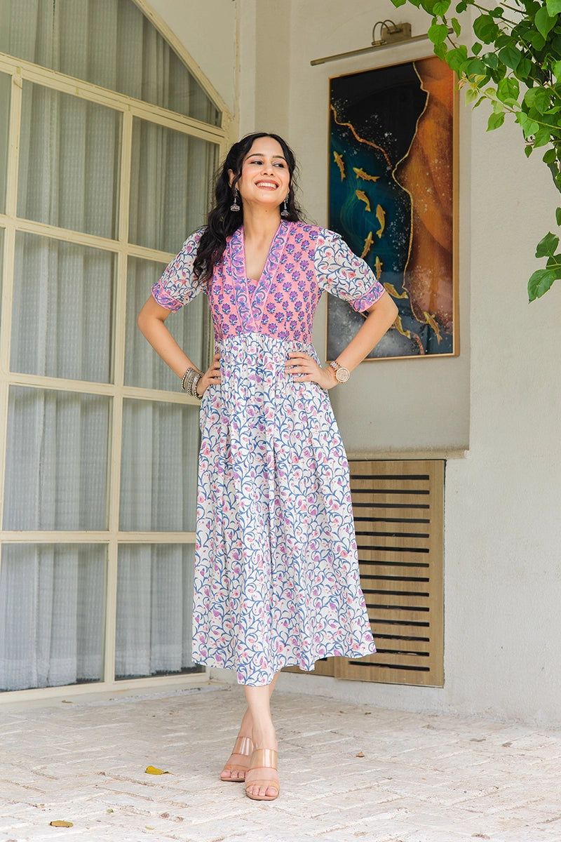 Peach Floral Printed V-Neck Gathered Detailed Cotton A-Line Midi Ethnic Dress