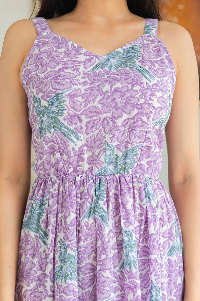Dreamy Lavender Sleeveless Maxi in Hand Block Bird Print