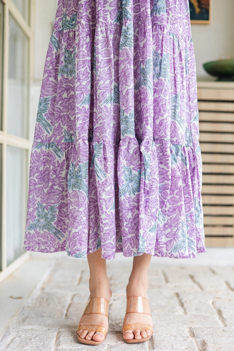 Dreamy Lavender Sleeveless Maxi in Hand Block Bird Print