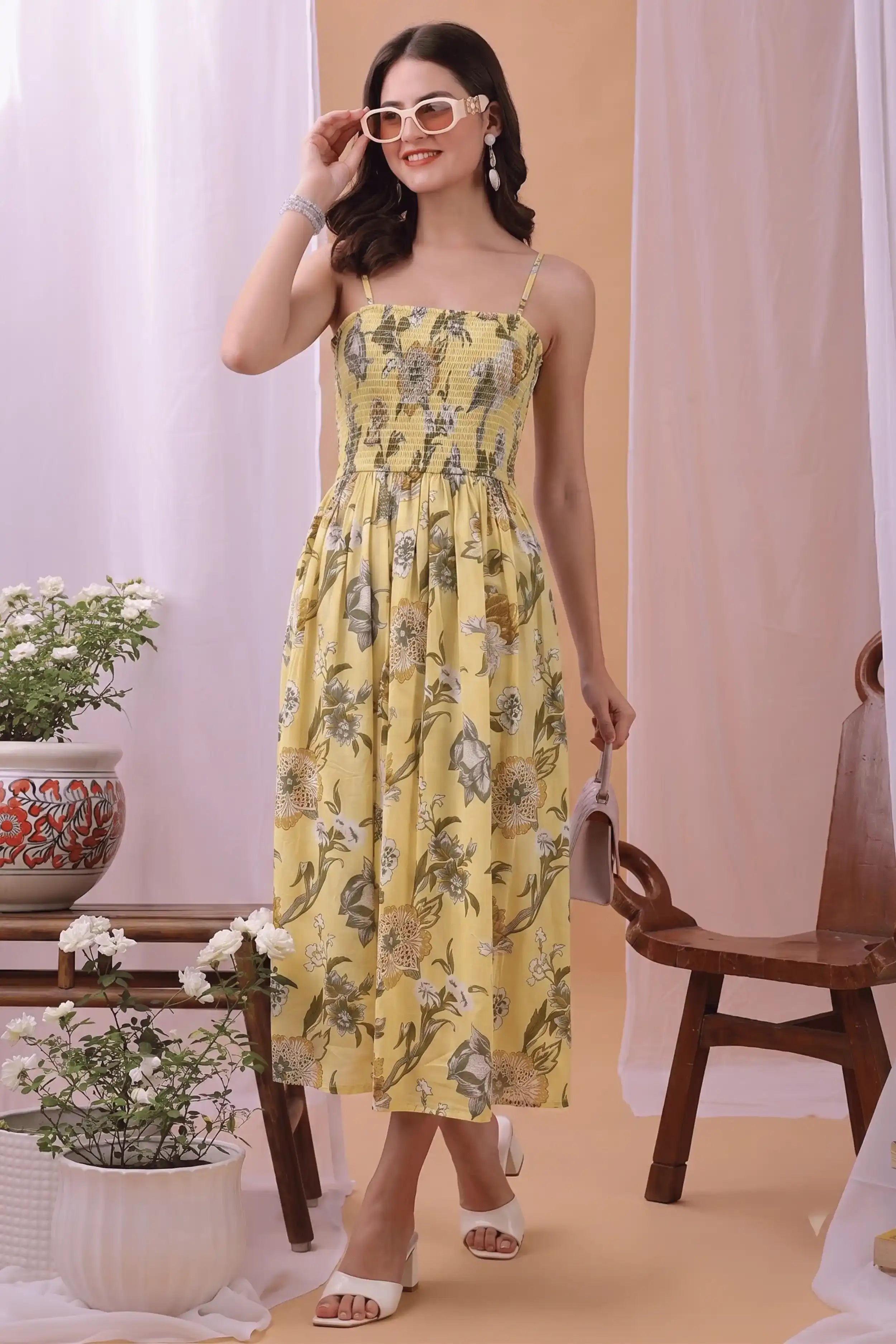 Yellow Square Neck Hand Printed Spaghetti Midi Dress