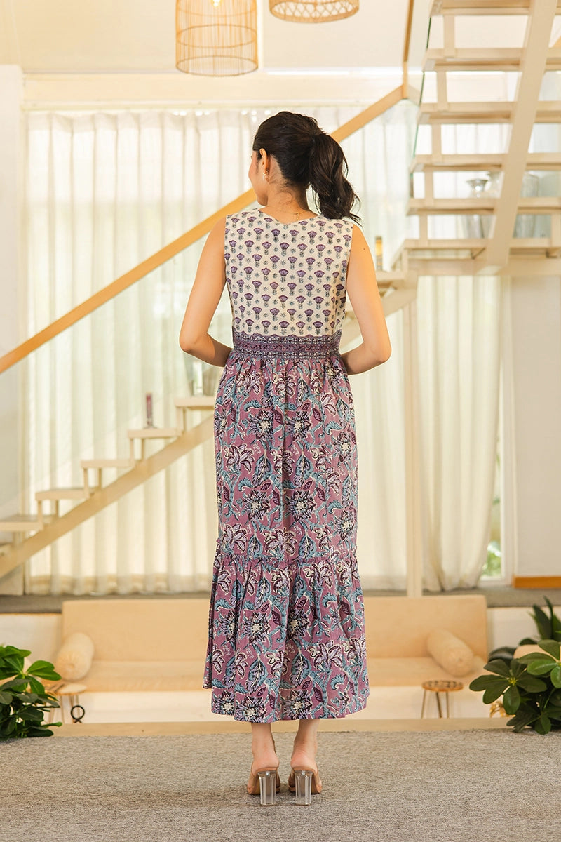 Light Violet Floral Hand Printed Cotton Sleeveless Dress