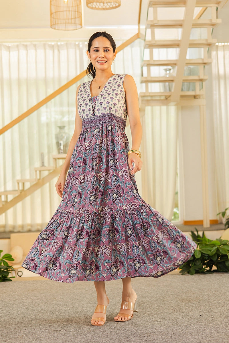 Light Violet Floral Hand Printed Cotton Sleeveless Dress