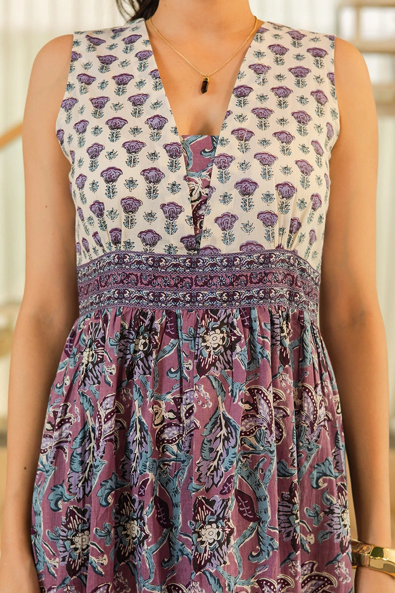 Light Violet Floral Hand Printed Cotton Sleeveless Dress