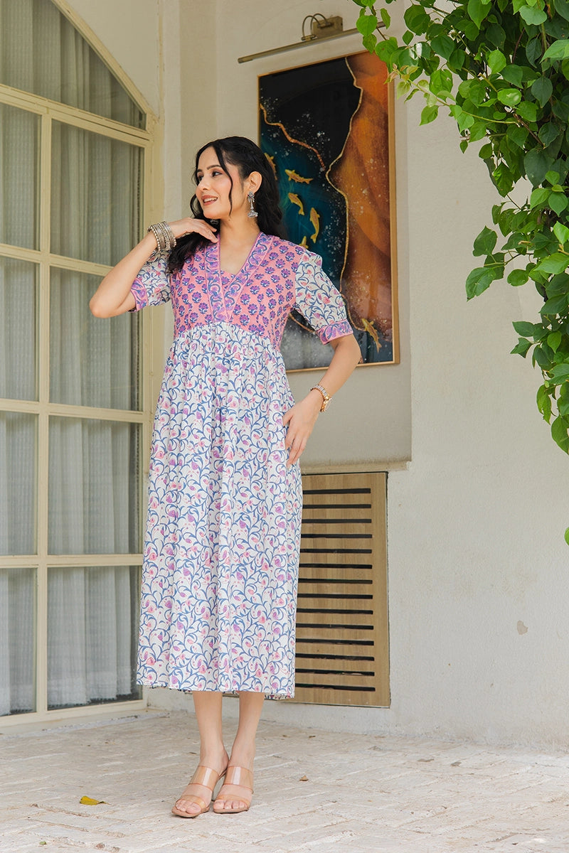Peach Floral Printed V-Neck Gathered Detailed Cotton A-Line Midi Ethnic Dress