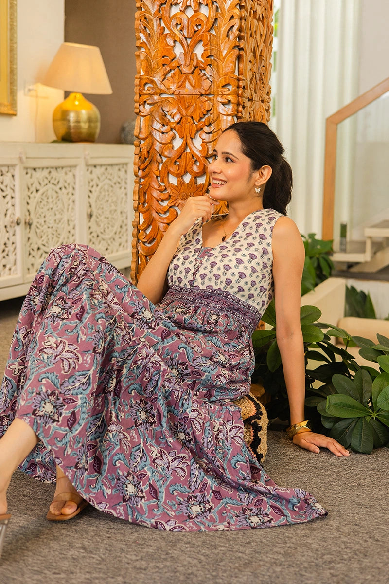 Light Violet Floral Hand Printed Cotton Sleeveless Dress
