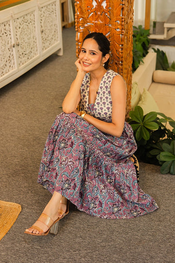 Light Violet Floral Hand Printed Cotton Sleeveless Dress