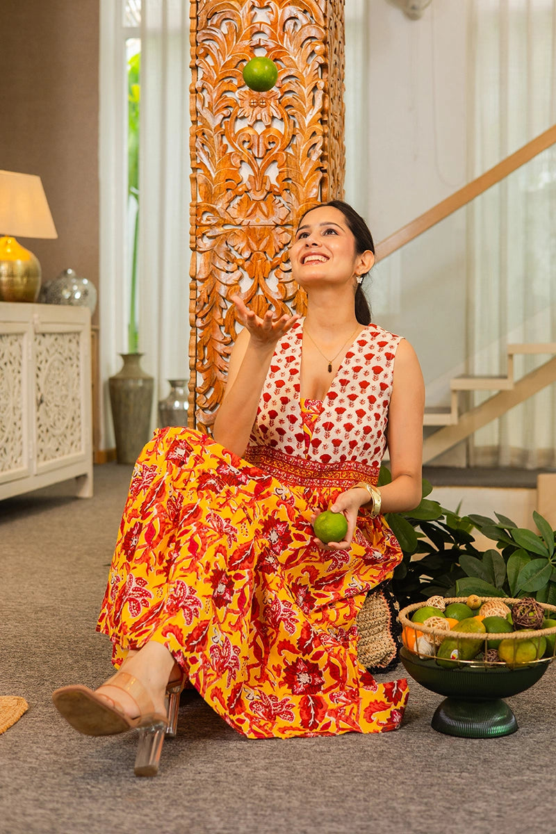 Mustard Floral Hand Printed Cotton Sleeveless Dress