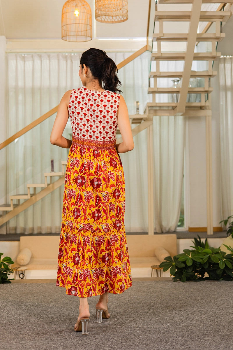 Mustard Floral Hand Printed Cotton Sleeveless Dress