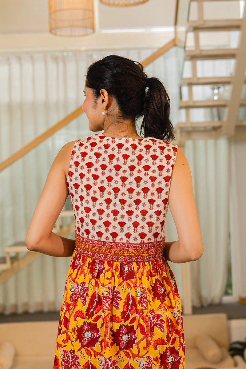 Mustard Floral Hand Printed Cotton Sleeveless Dress