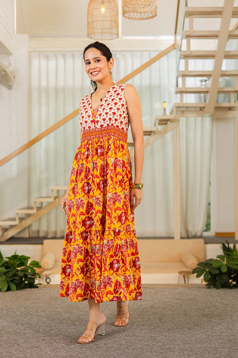 Mustard Floral Hand Printed Cotton Sleeveless Dress