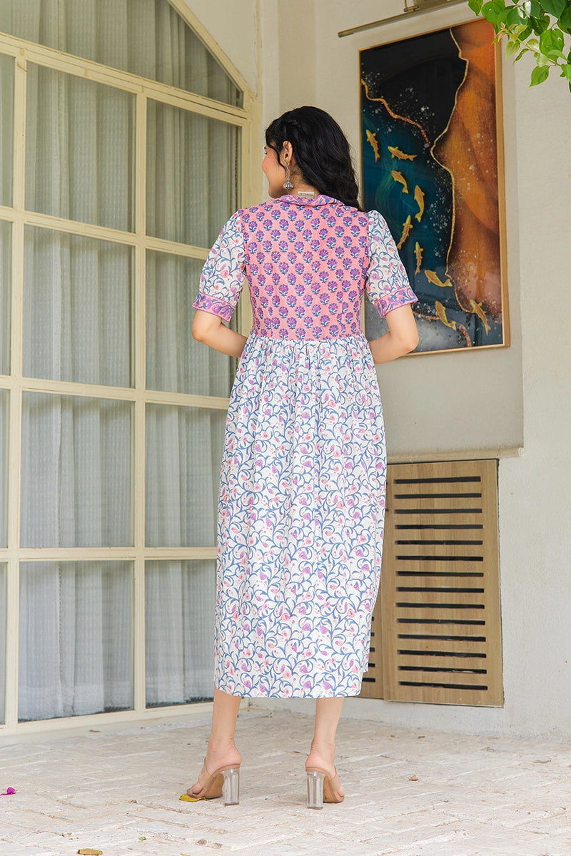 Peach Floral Printed V-Neck Gathered Detailed Cotton A-Line Midi Ethnic Dress