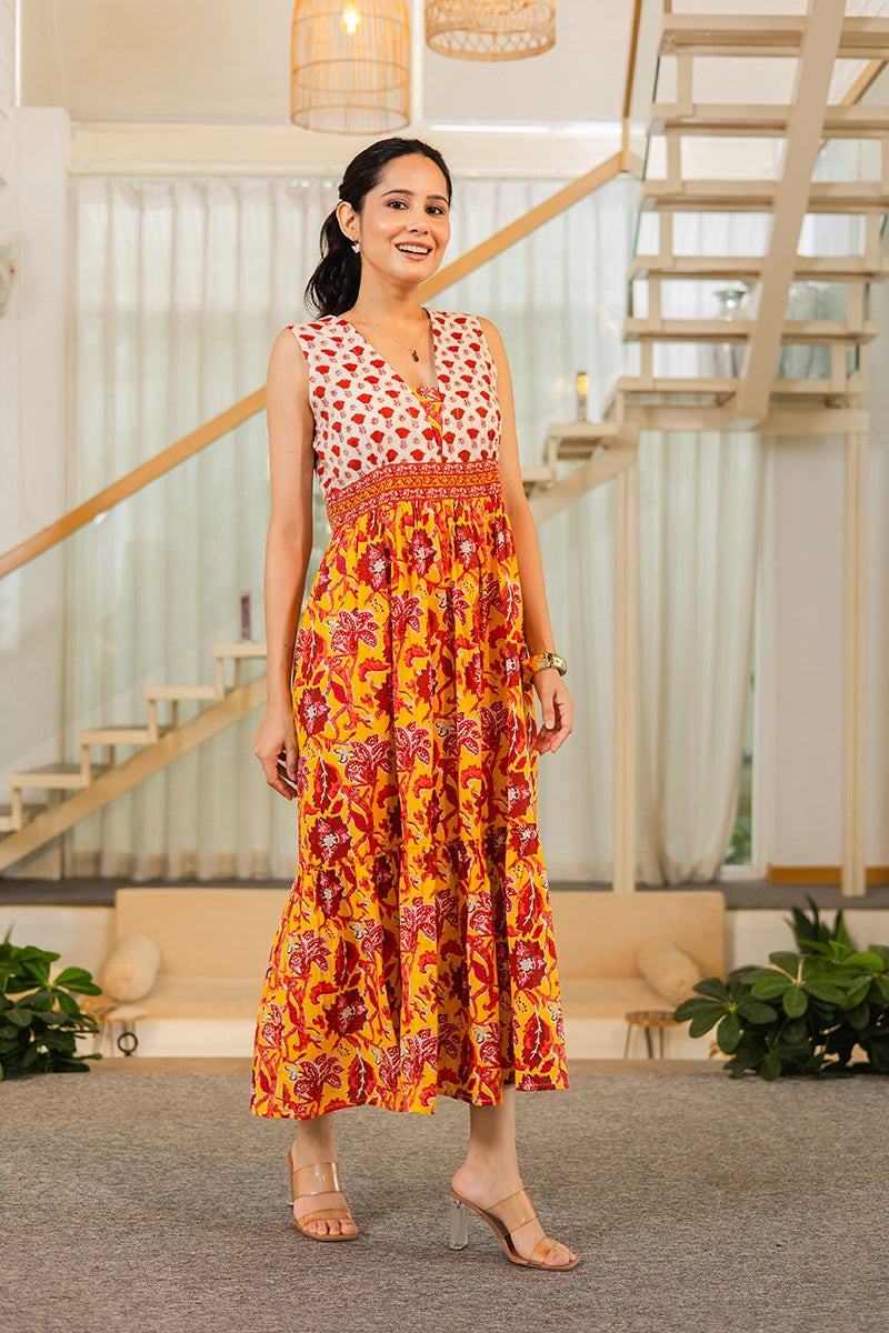 Mustard Floral Hand Printed Cotton Sleeveless Dress