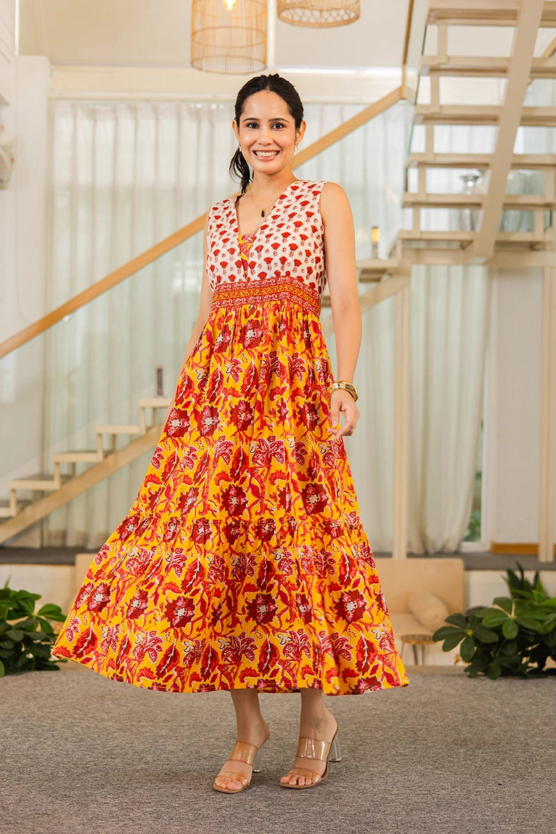 Mustard Floral Hand Printed Cotton Sleeveless Dress