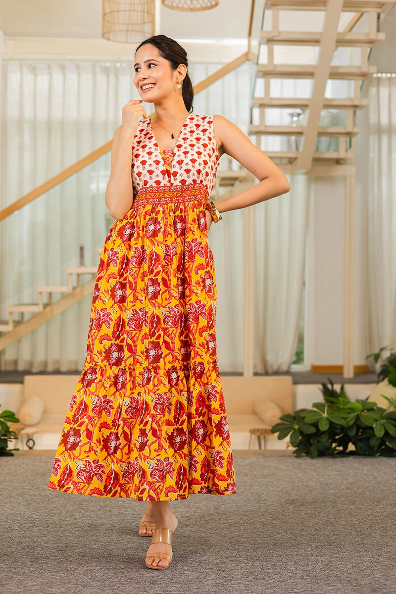 Mustard Floral Hand Printed Cotton Sleeveless Dress