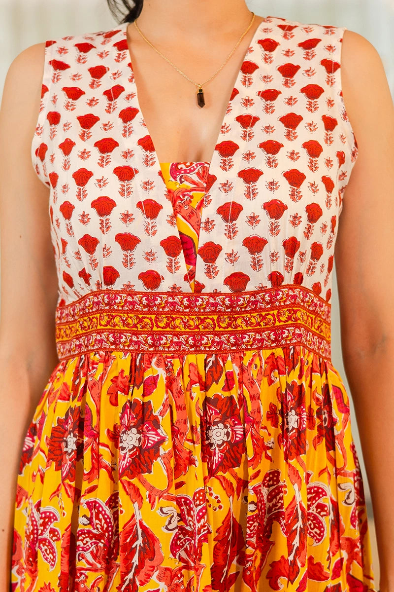 Mustard Floral Hand Printed Cotton Sleeveless Dress