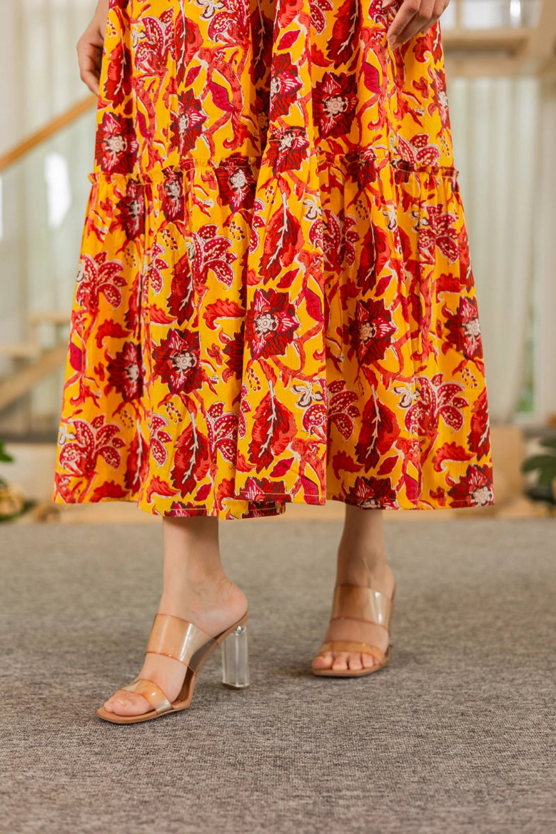 Mustard Floral Hand Printed Cotton Sleeveless Dress