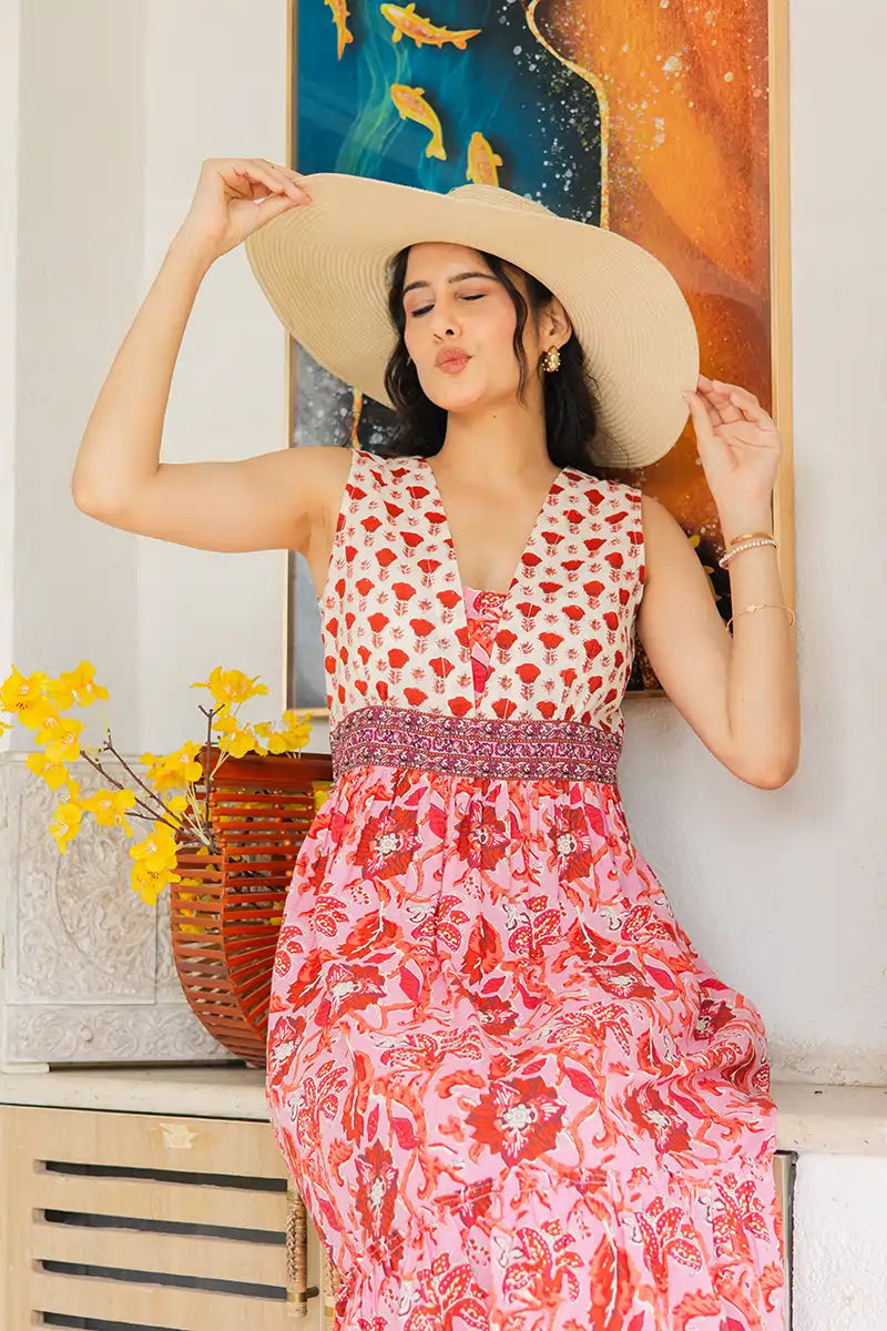 Pink Floral Hand Printed Cotton Sleeveless Dress