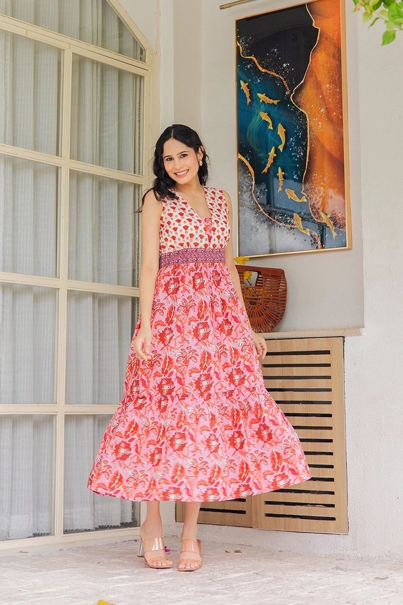 Pink Floral Hand Printed Cotton Sleeveless Dress