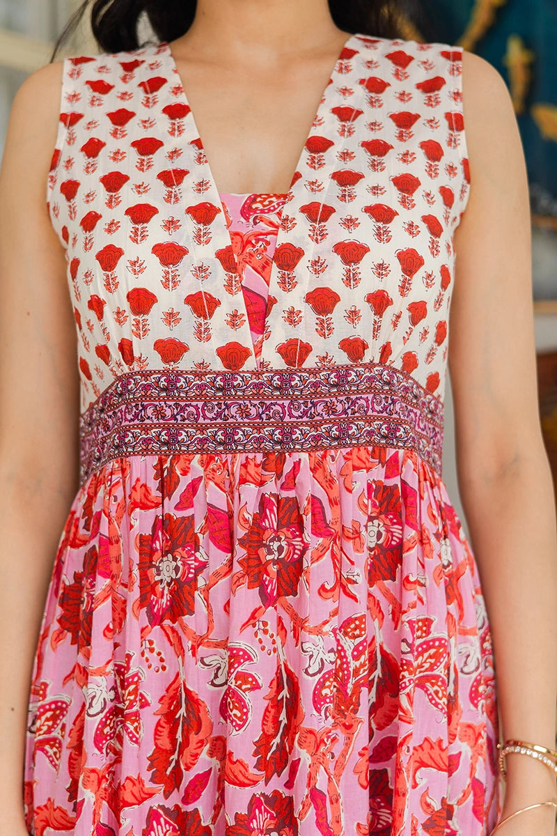 Pink Floral Hand Printed Cotton Sleeveless Dress
