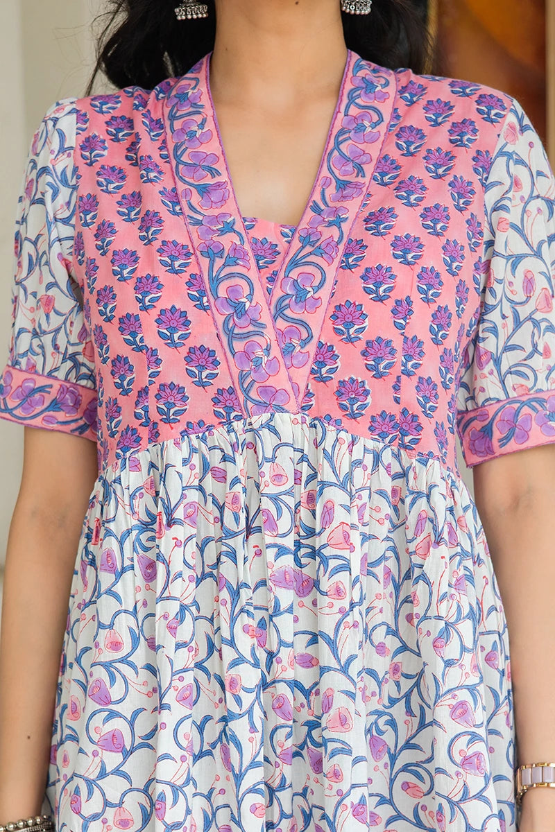 Peach Floral Printed V-Neck Gathered Detailed Cotton A-Line Midi Ethnic Dress