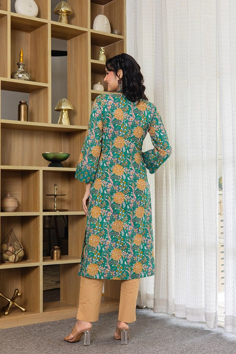 Green Floral Printed Cotton Straight Kurta
