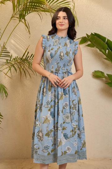 Blue Round Neck Sleeveless Gather Dress