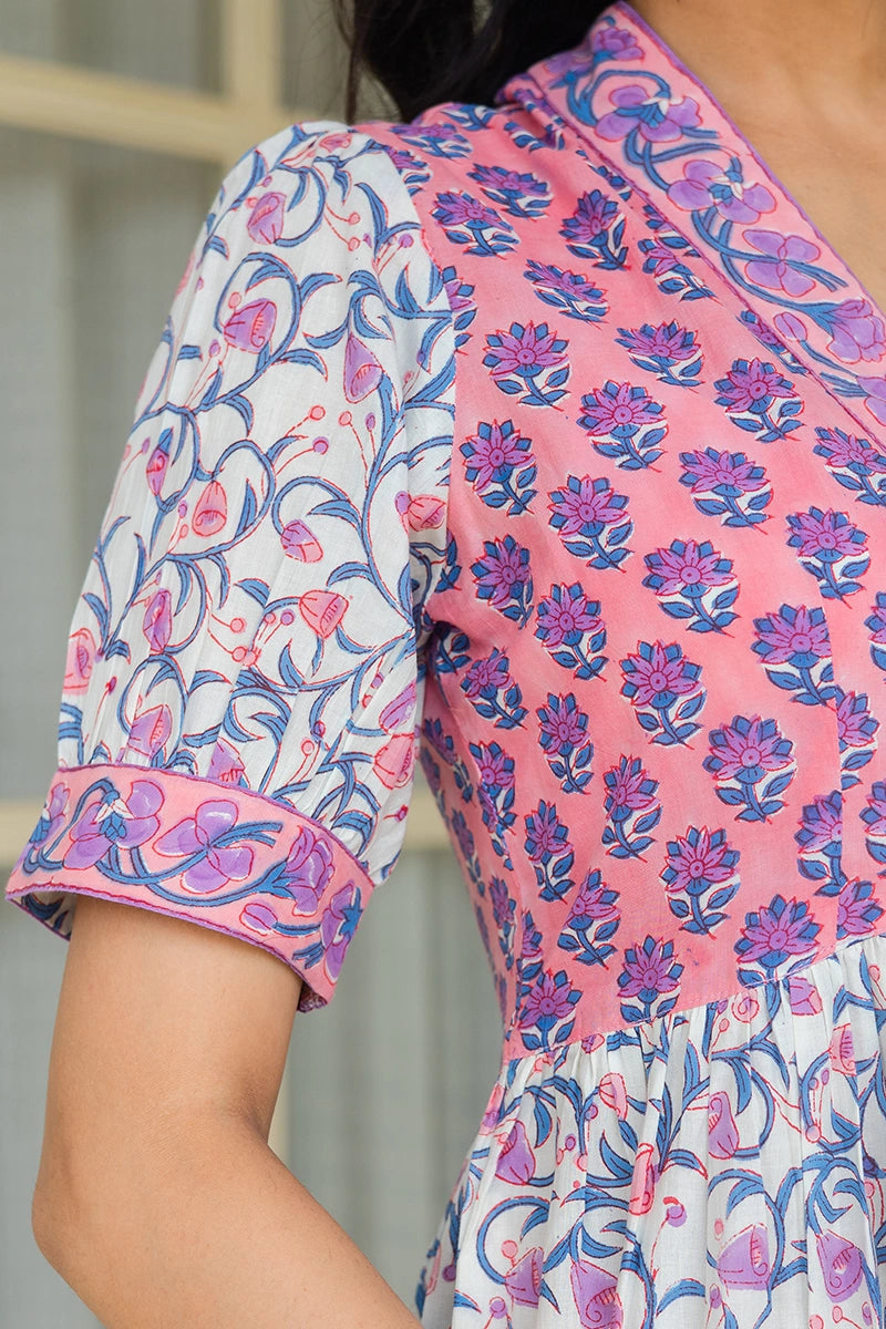 Peach Floral Printed V-Neck Gathered Detailed Cotton A-Line Midi Ethnic Dress
