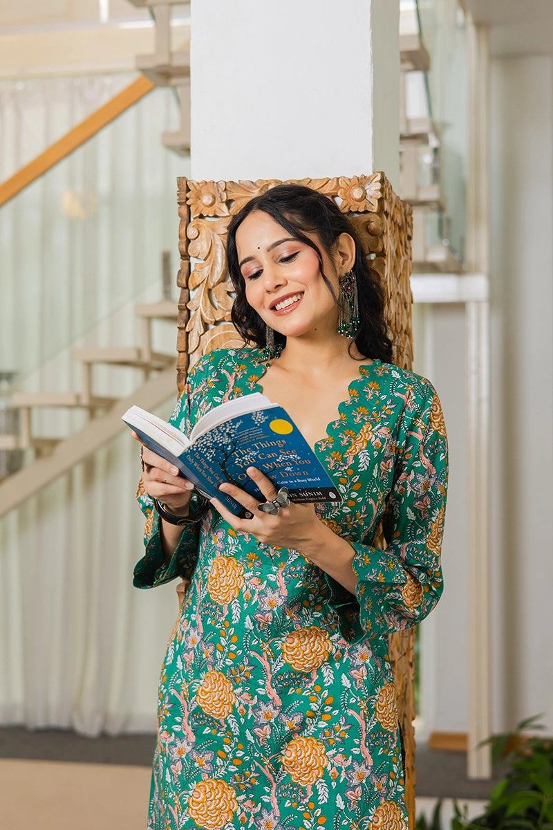 Green Floral Printed Cotton Straight Kurta