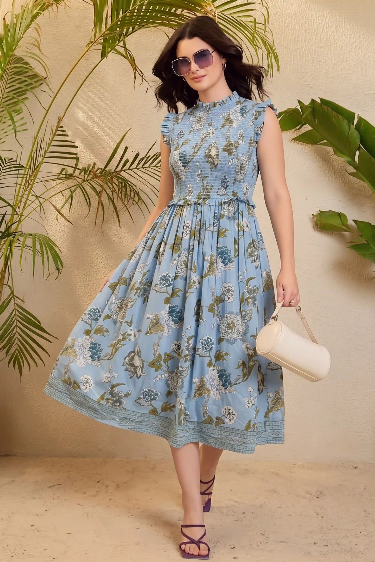 Blue Round Neck Sleeveless Gather Dress