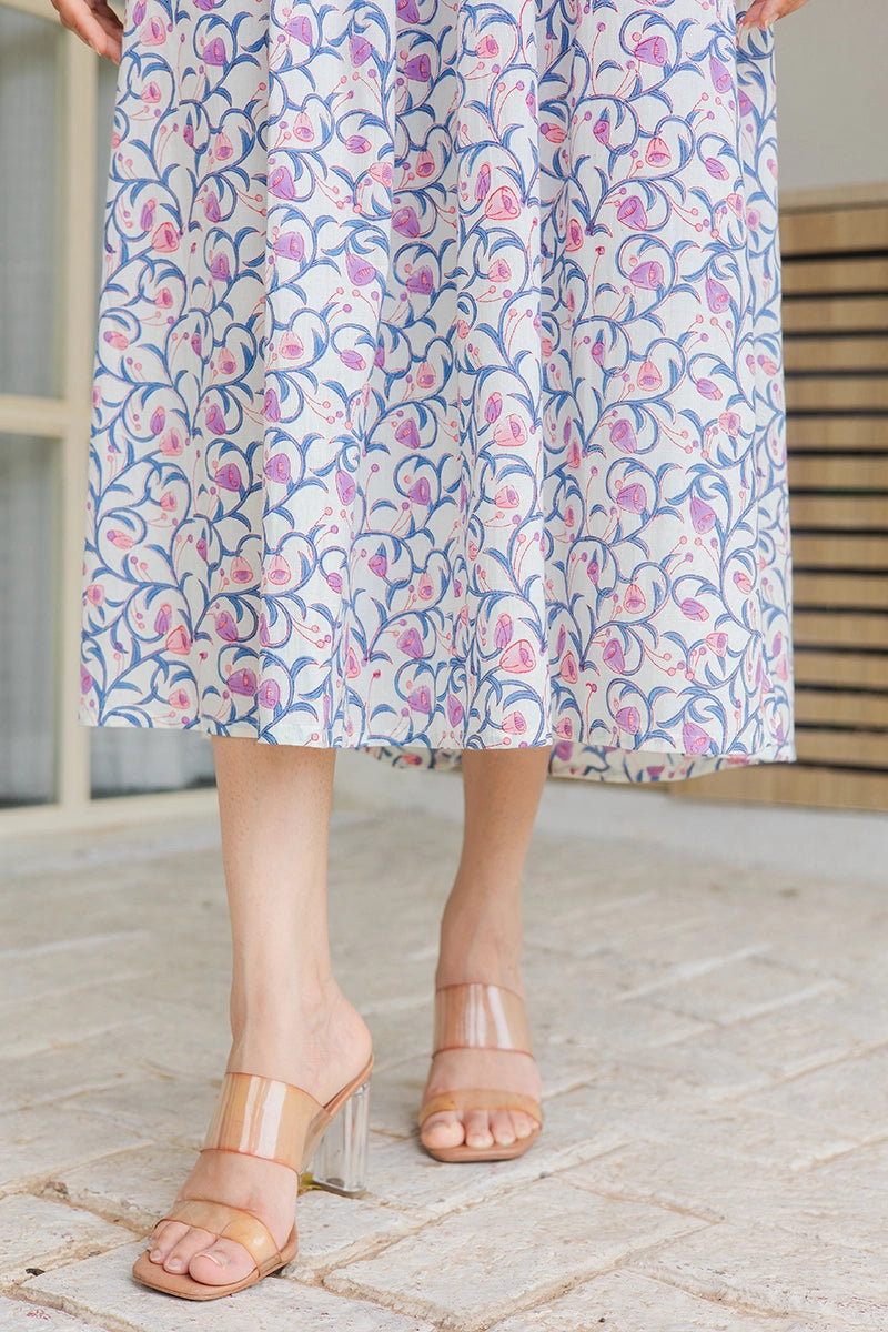 Peach Floral Printed V-Neck Gathered Detailed Cotton A-Line Midi Ethnic Dress