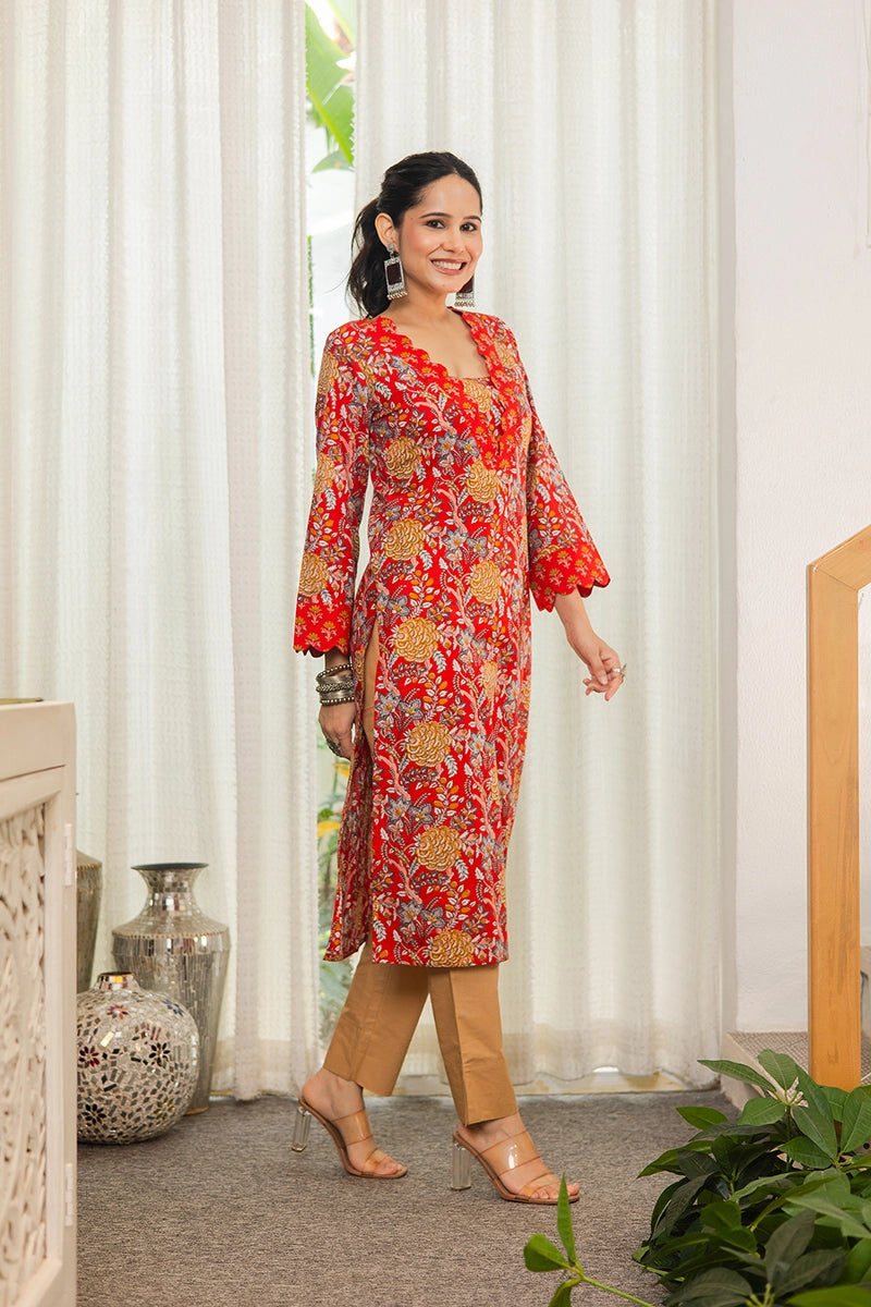 Red Floral Printed Cotton Straight Kurta