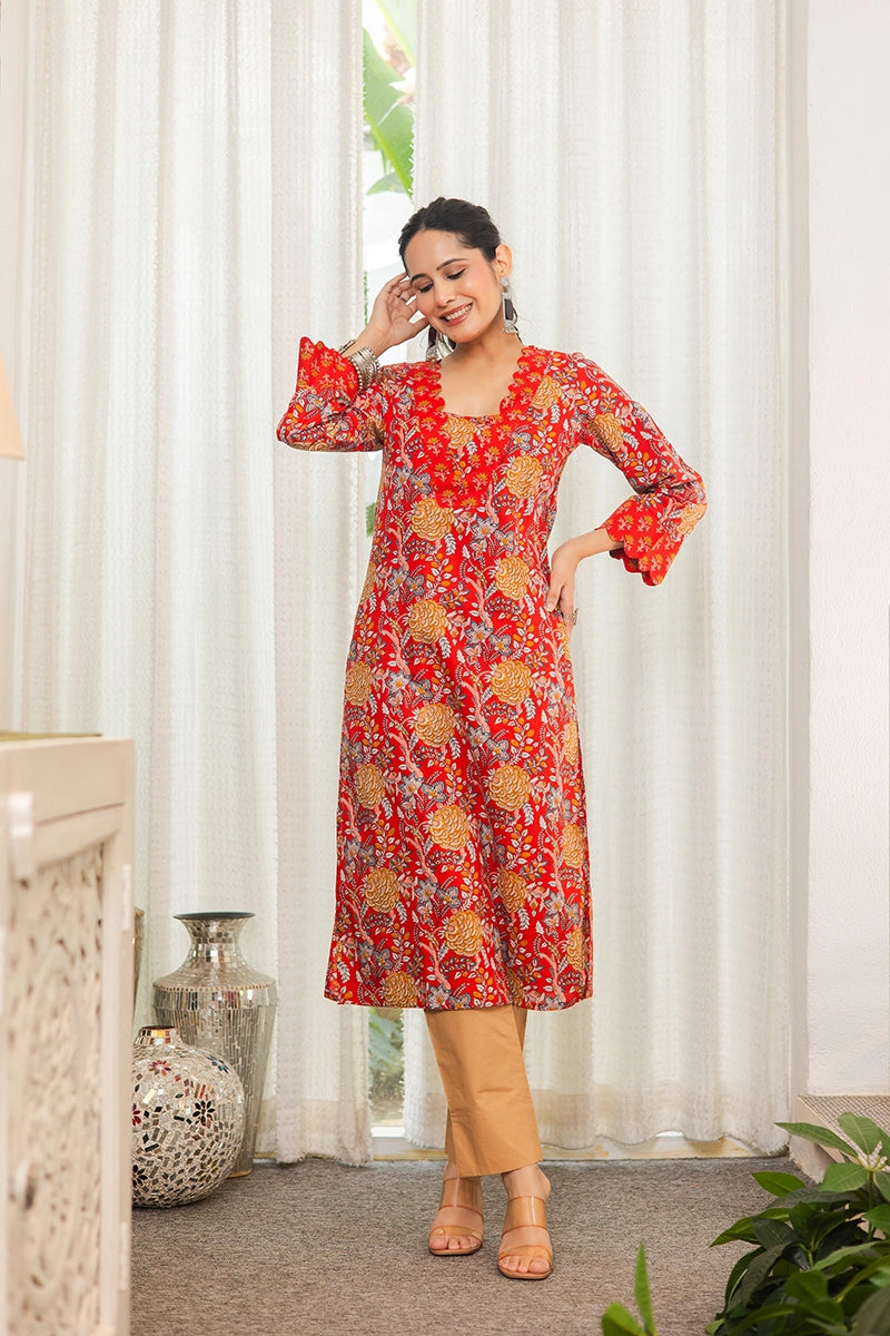 Red Floral Printed Cotton Straight Kurta