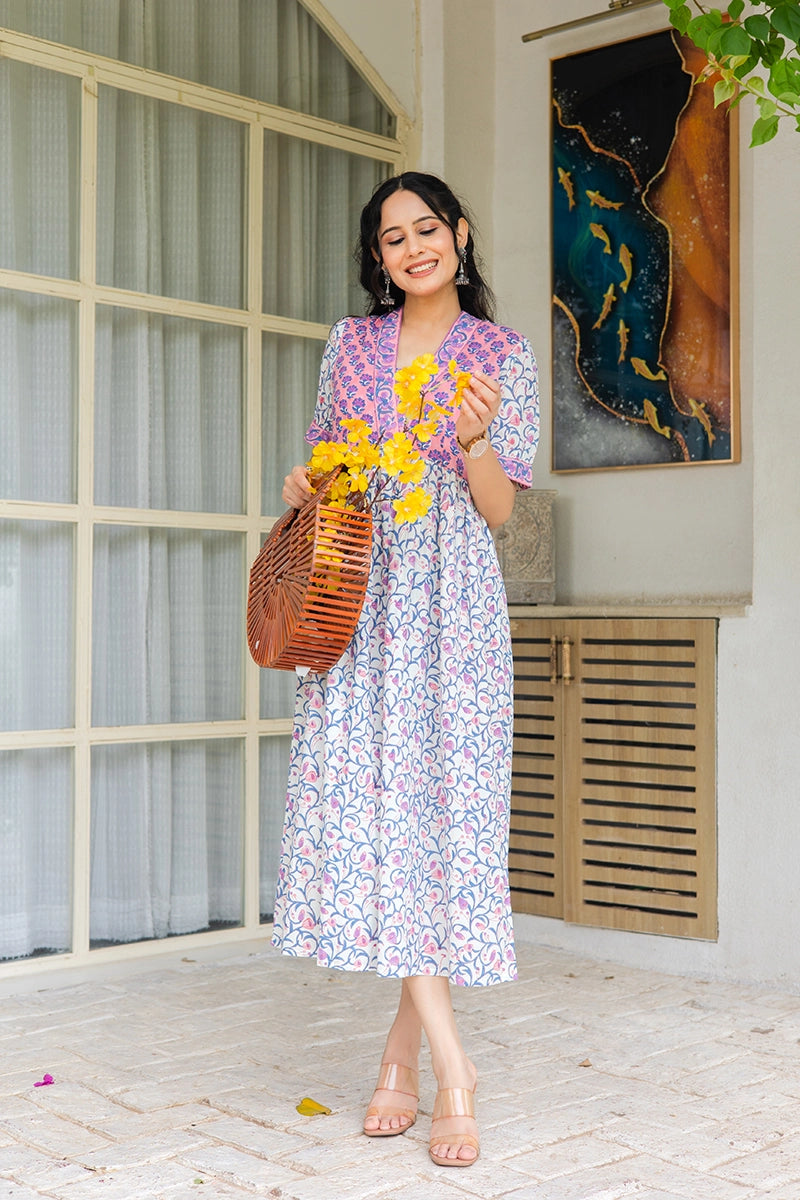 Peach Floral Printed V-Neck Gathered Detailed Cotton A-Line Midi Ethnic Dress