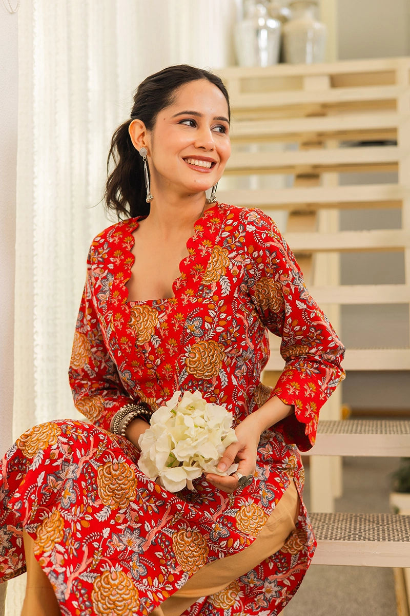 Red Floral Printed Cotton Straight Kurta