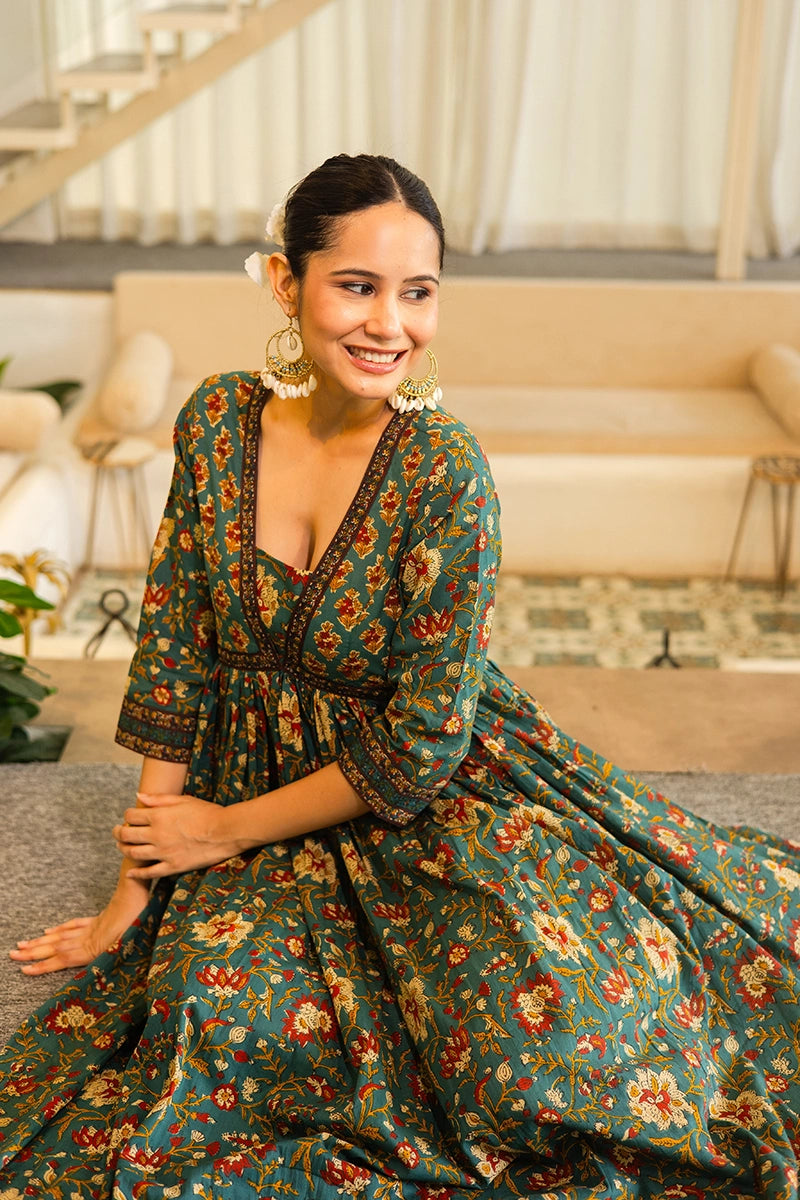 Green Flared Anarkali Cotton Kurta with Floral Print