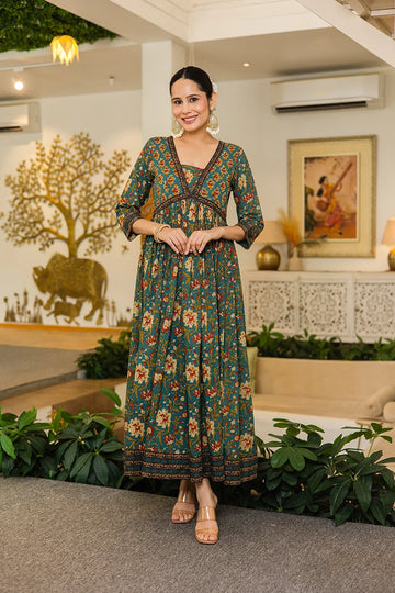 Green Flared Anarkali Cotton Kurta with Floral Print