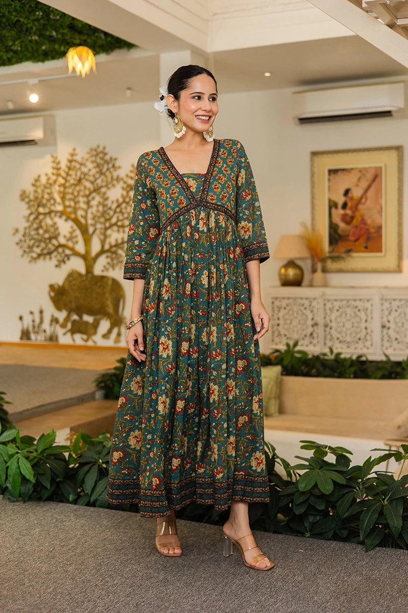 Green Flared Anarkali Cotton Kurta with Floral Print