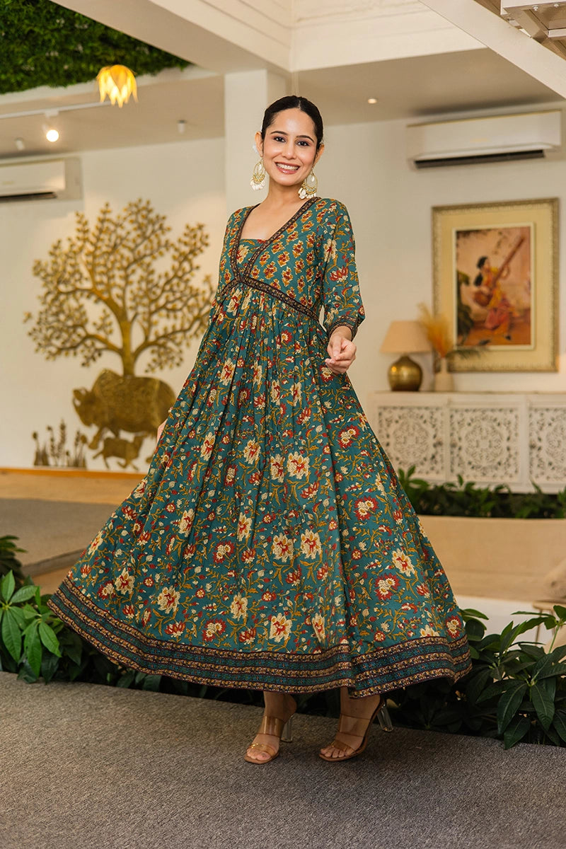 Green Flared Anarkali Cotton Kurta with Floral Print