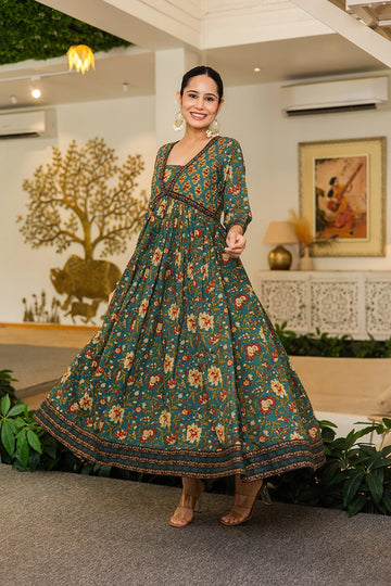 Green Flared Anarkali Cotton Kurta with Floral Print
