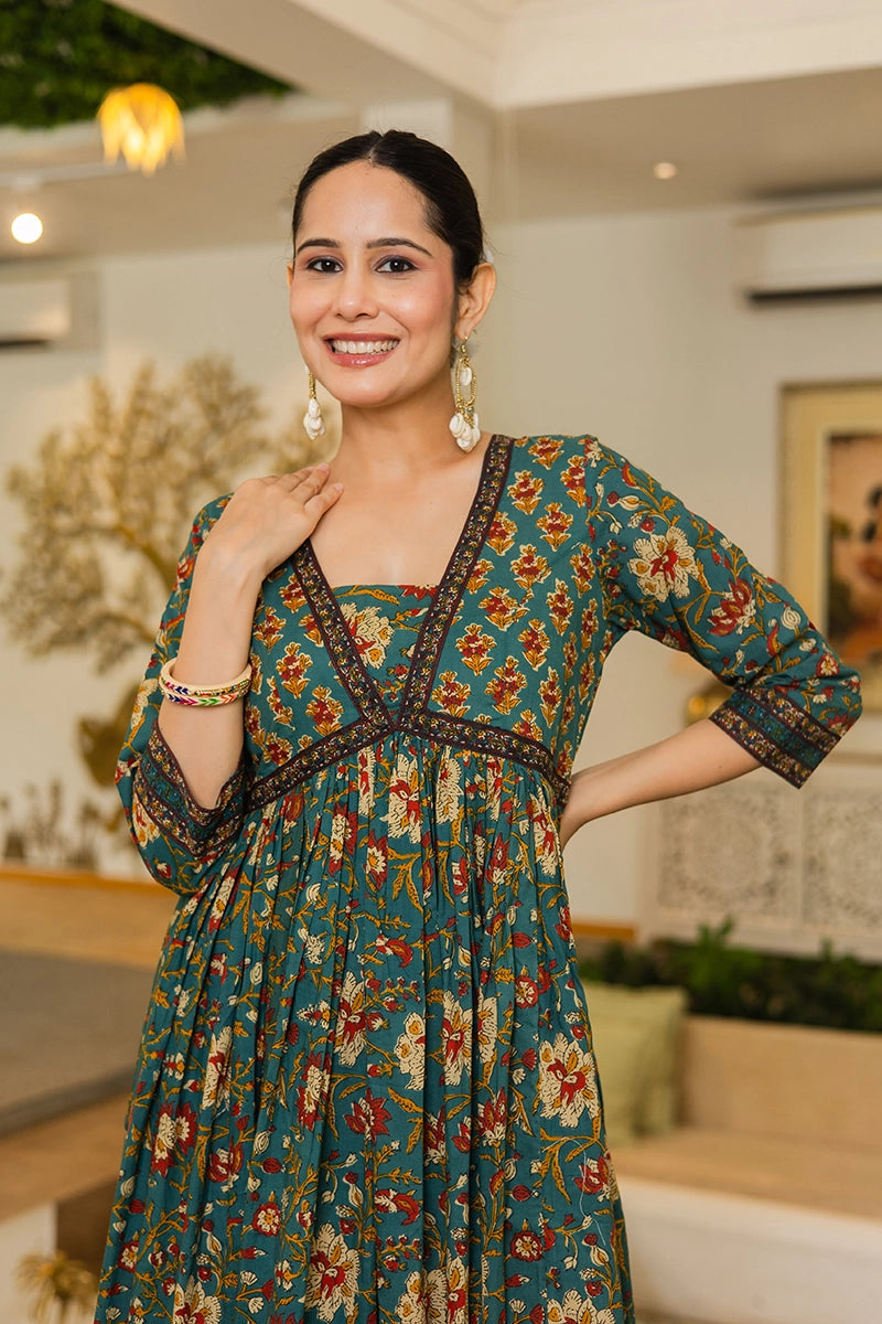 Green Flared Anarkali Cotton Kurta with Floral Print
