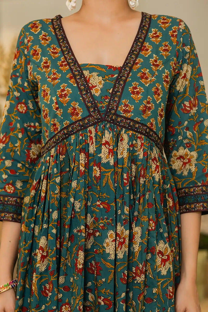 Green Flared Anarkali Cotton Kurta with Floral Print
