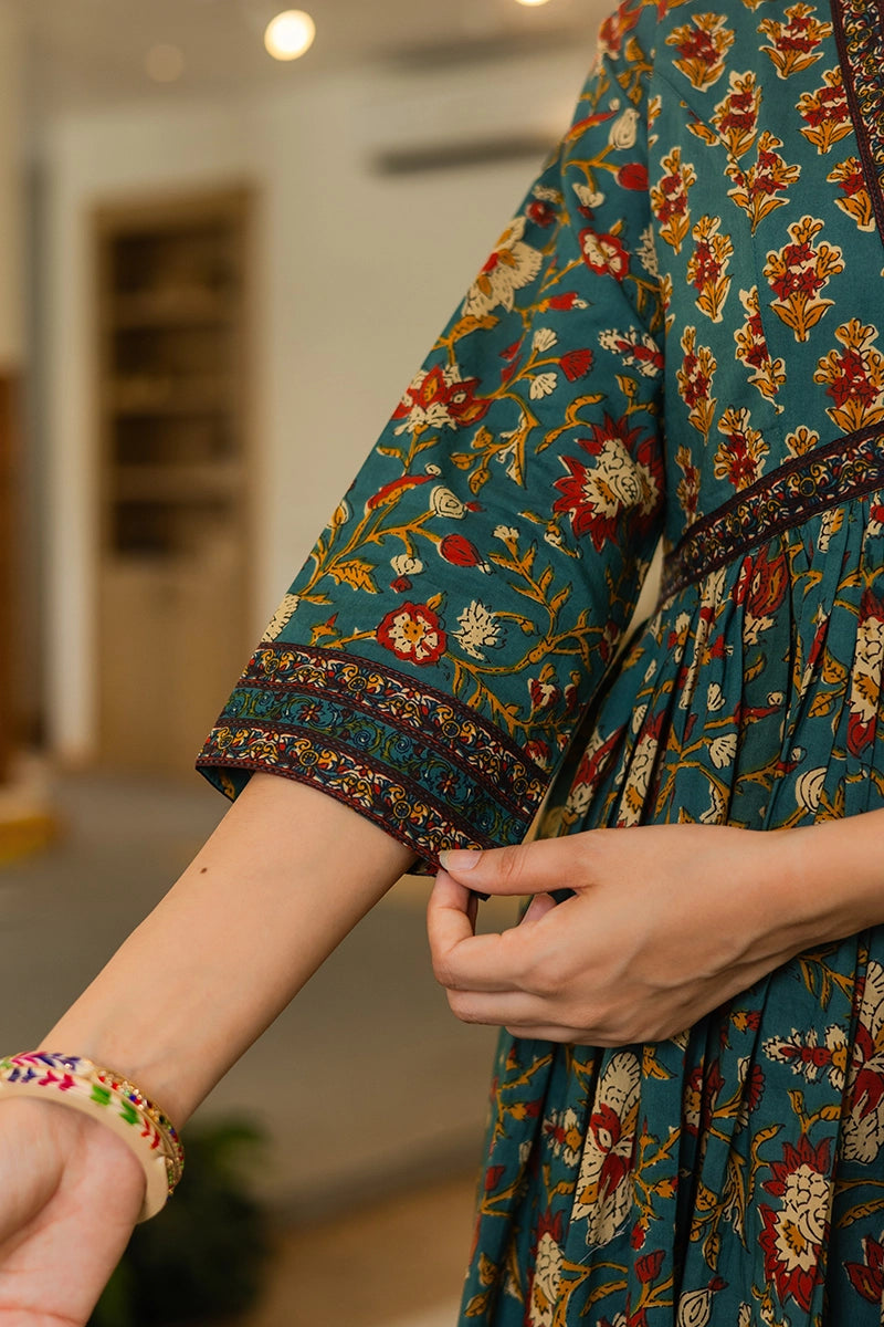 Green Flared Anarkali Cotton Kurta with Floral Print