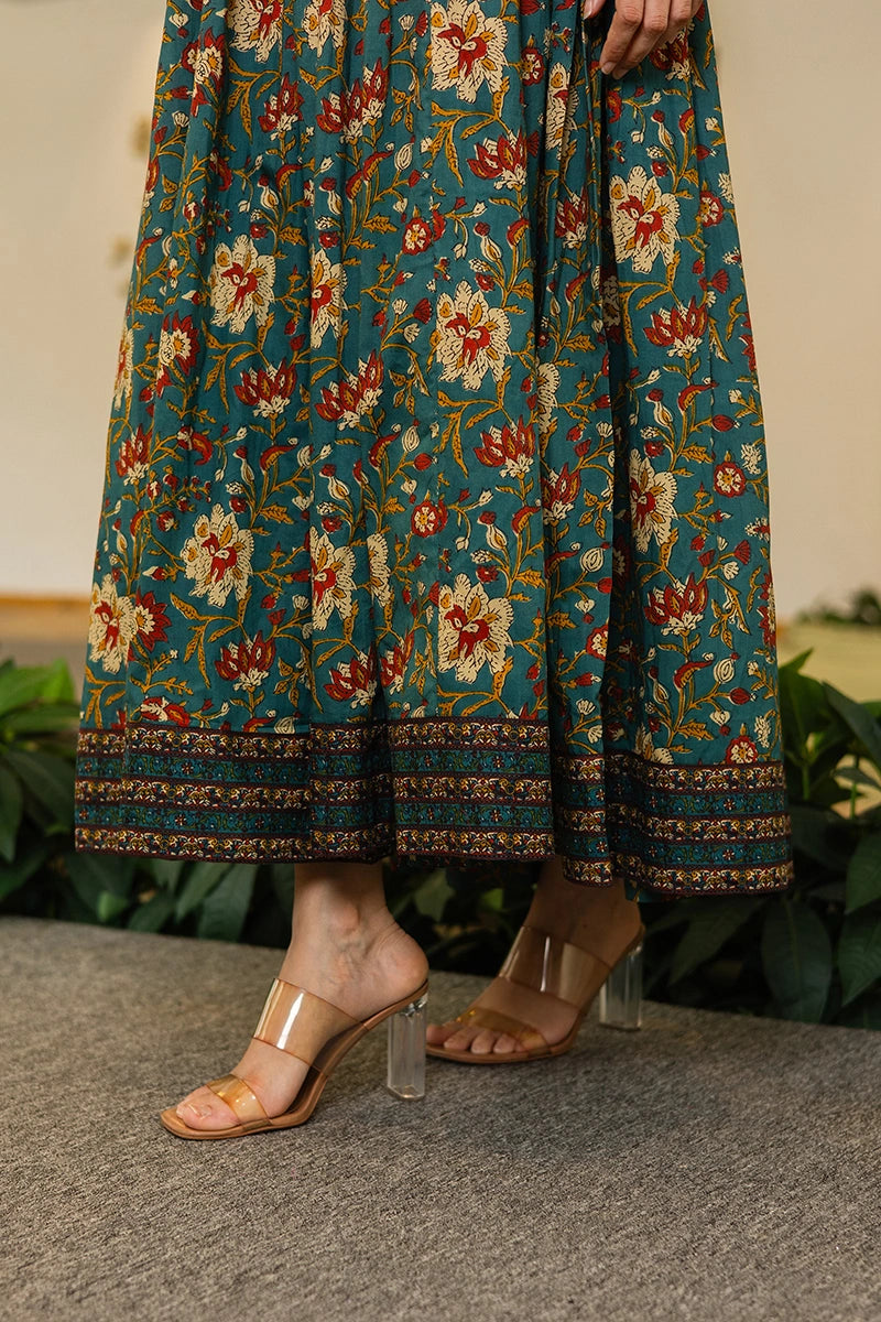 Green Flared Anarkali Cotton Kurta with Floral Print