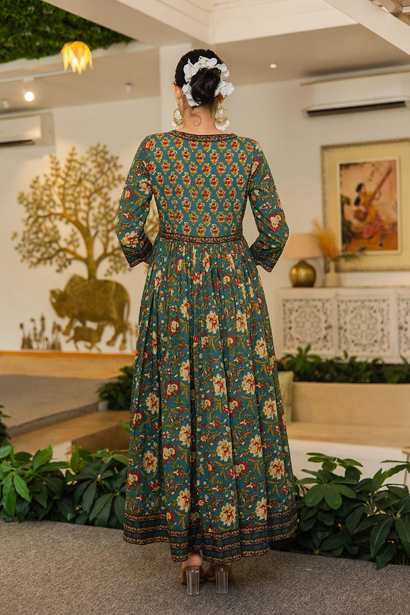 Green Flared Anarkali Cotton Kurta with Floral Print